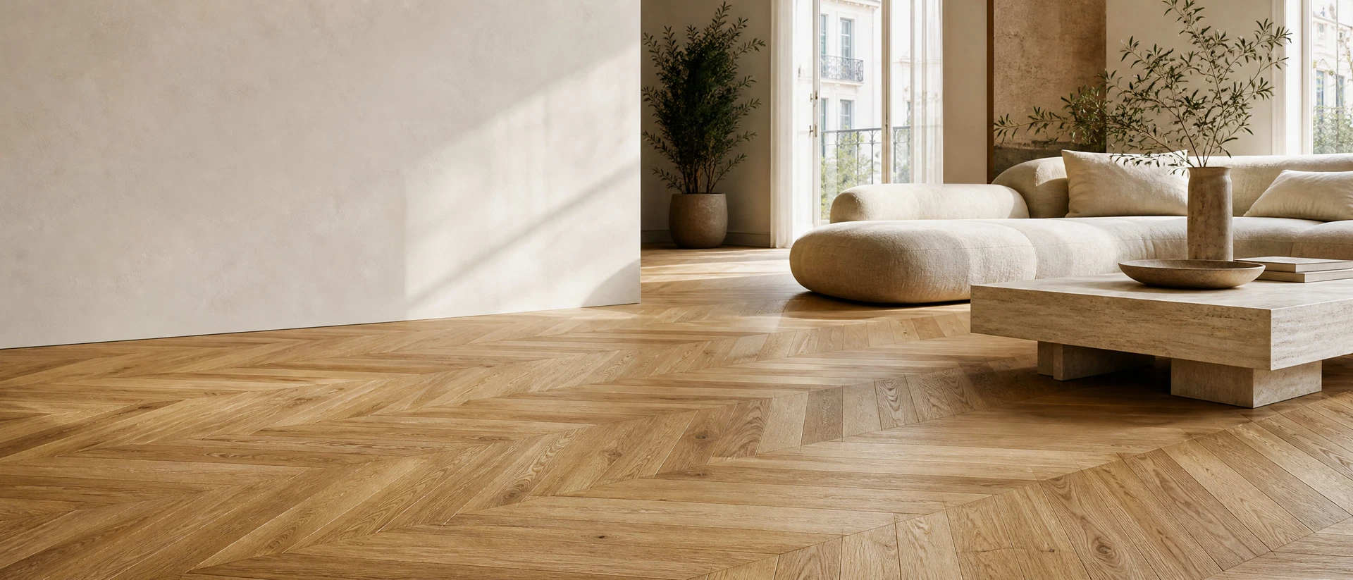 Salón luminoso con parquet de roble en espiga