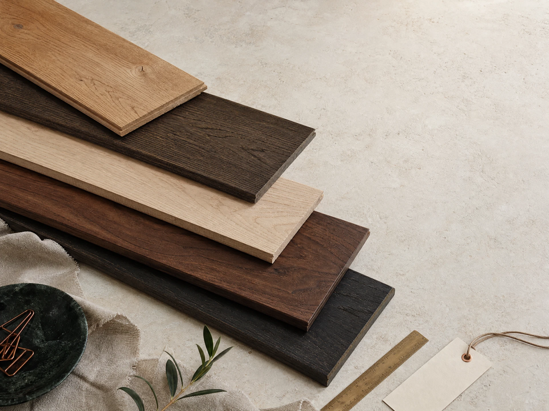 Muestras de maderas y acabados sobre una mesa de trabajo